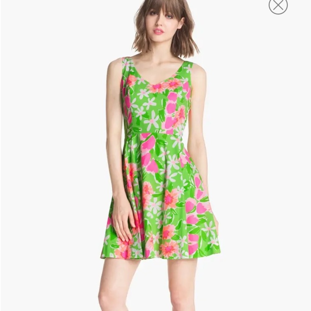 Lilly Pulitzer Green Floral Midi Dress with Pink & White Accents